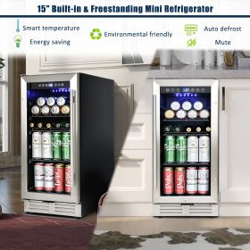 Built-in and Freestanding 15" Mini Beverage Refrigerator/Wine Cabinet, 120 Cans, 37-65°F, Quiet, Adjustable Shelves, LED Lighting, ETL , Touch Control