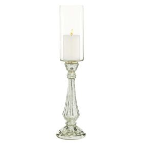 DecMode Silver Glass Handmade Turned Style Pillar Hurricane Lamp with Faux Mercury Glass Finish