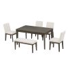 TOPMAX 6-Piece Dining Table Set with Upholstered Dining Chairs and Bench,Farmhouse Style, Tapered Legs, Dark Gray+Beige