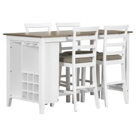 TREXM 5-Piece Multi-Functional Rubber Wood Counter Height Dining Set with Padded Chairs and Integrated 9 Bar Wine Compartment, Wineglass Holders for D (Color: As pic)